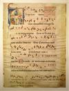 MANUSCRIPT LEAF SAINT PREACHING. Vellum leaf from a Latin antiphonary with illuminated initial A. Italy, 14th century